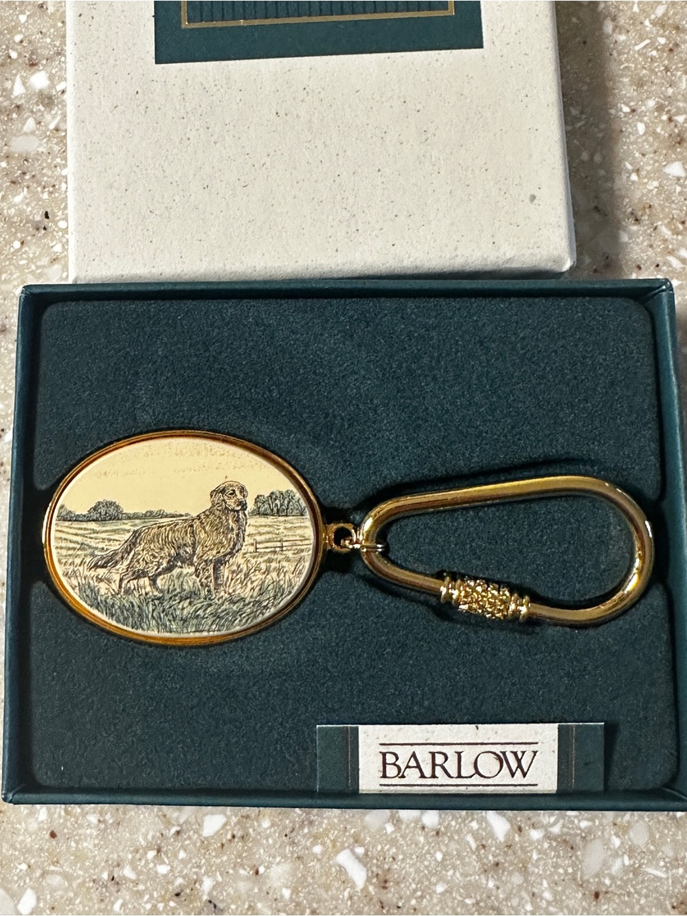 NEW in Box Barlow Retriever Dog Keychain Gold Tone Set Faux Etched Bone Setting